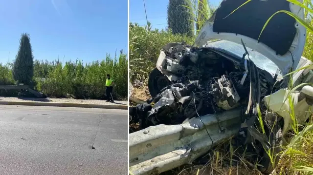 Yoldan çıkan otomobilin motoruna demir bariyer saplandı